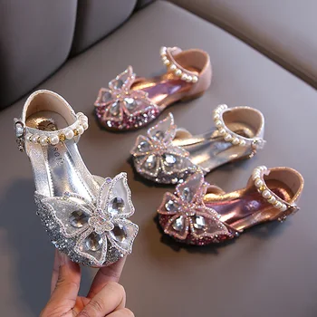 Детски обувки с пайети и завързана лък за момичета, скъпа ежедневни обувки принцеса с перли за танци, новост 2023 г., детски празници сватбени обувки D721